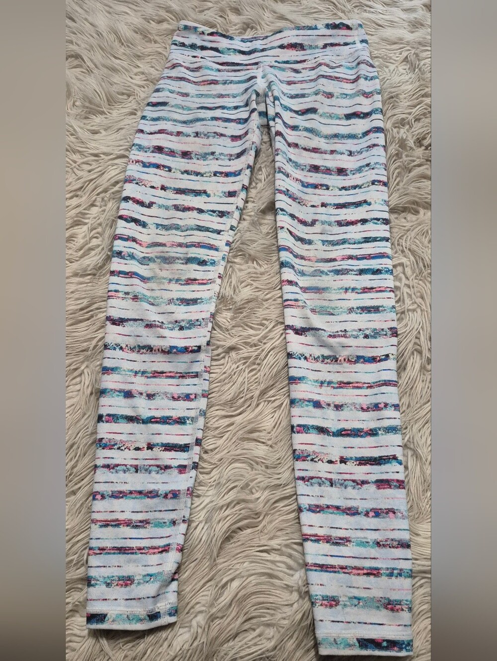 Ivivva White Leggings with Pink, Teal and Navy Stripe Accents